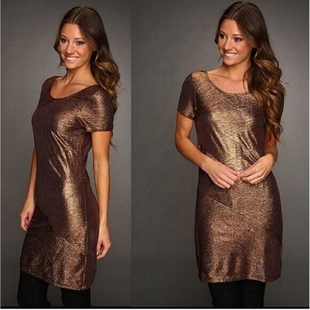 Free People Moonage Daydream Chocolate BronzeGold Metallic Dress- Size Small‎